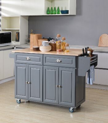 moveable kitchen island with cutting board, drawers, and knife storage