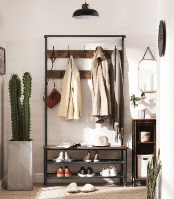 Entryway furniture farmhouse industrial style metal hall tree with hooks and shoe storage