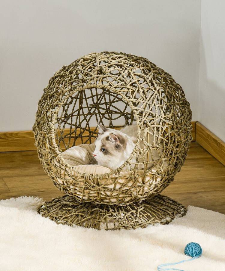 Brown Kitty Haven: Elevated Wicker Cat Bed with Soft Cushion