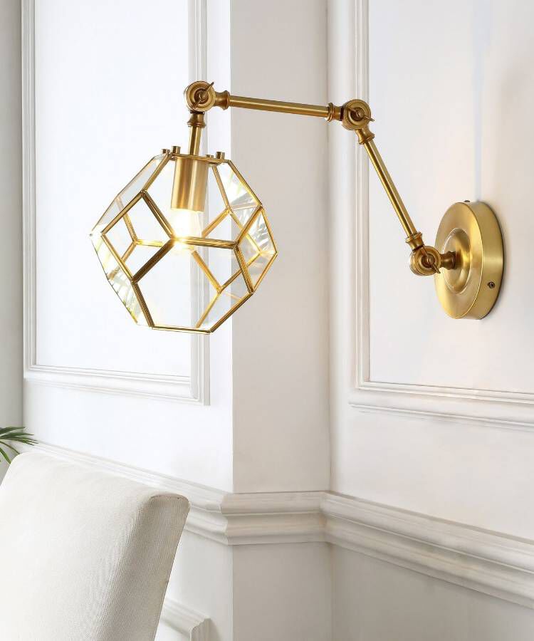 Honeycomb 7.5" 1-Light Modern Contemporary Arm-Adjustable Iron/Glass LED Sconce, Brass Gold/Clear 