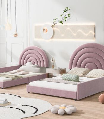 pink soft texture kids beds with colorful pillows, rugs, and decorative lighting