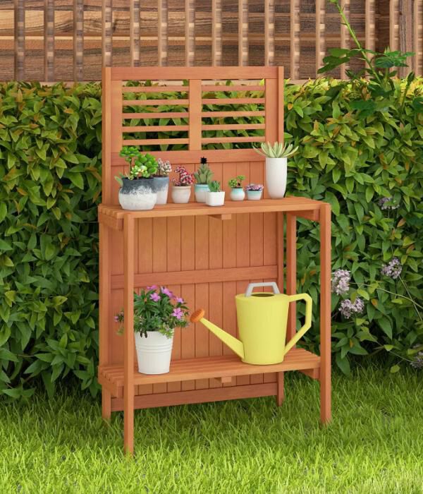 Folding Garden Potting Bench with 2-tier Storage Shelves and Teak Oil Finish for Garden Yard Balcony