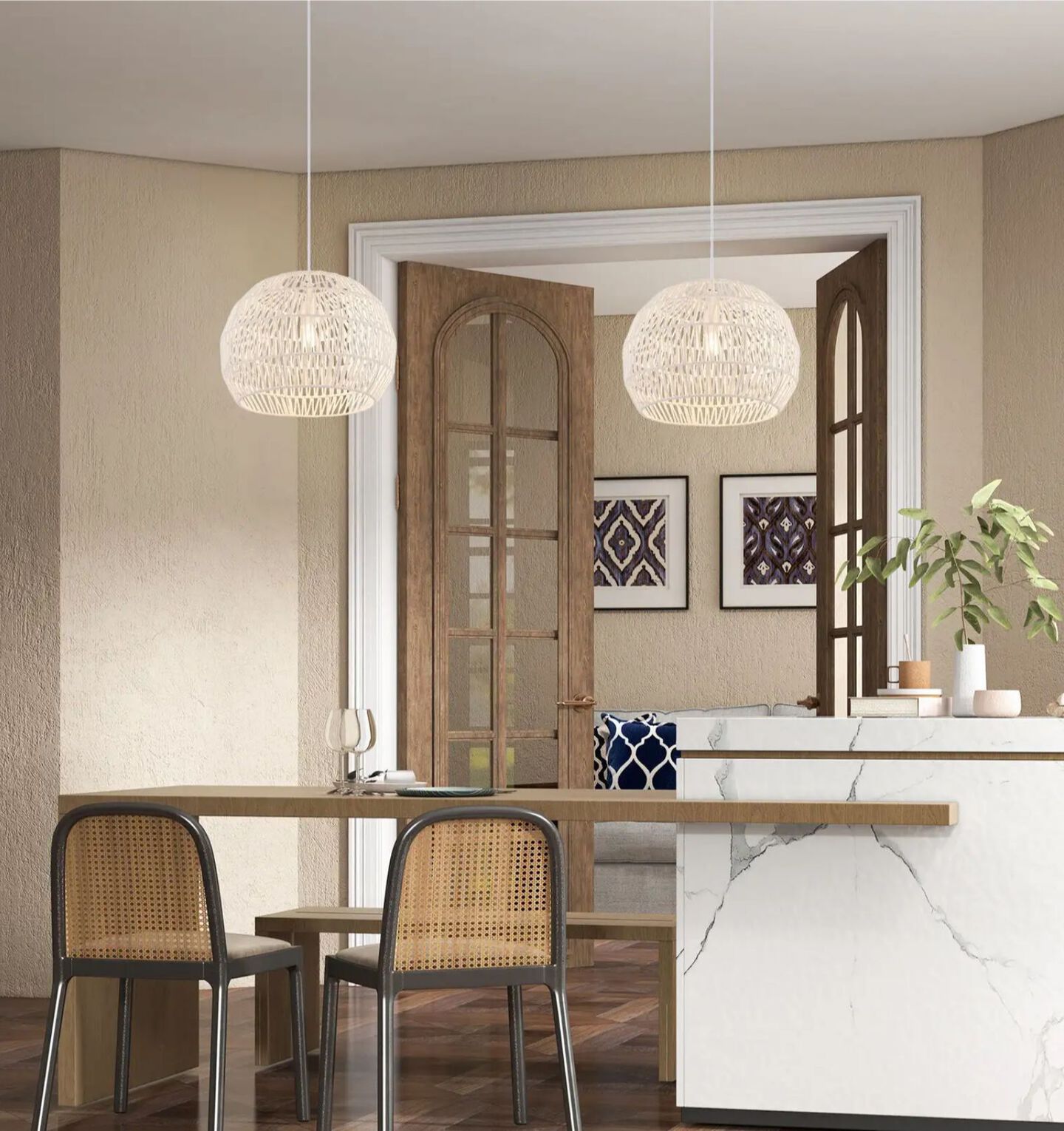 Kitchen with wooden table and chairs, a white marble countertop, and circular hanging light fixtures