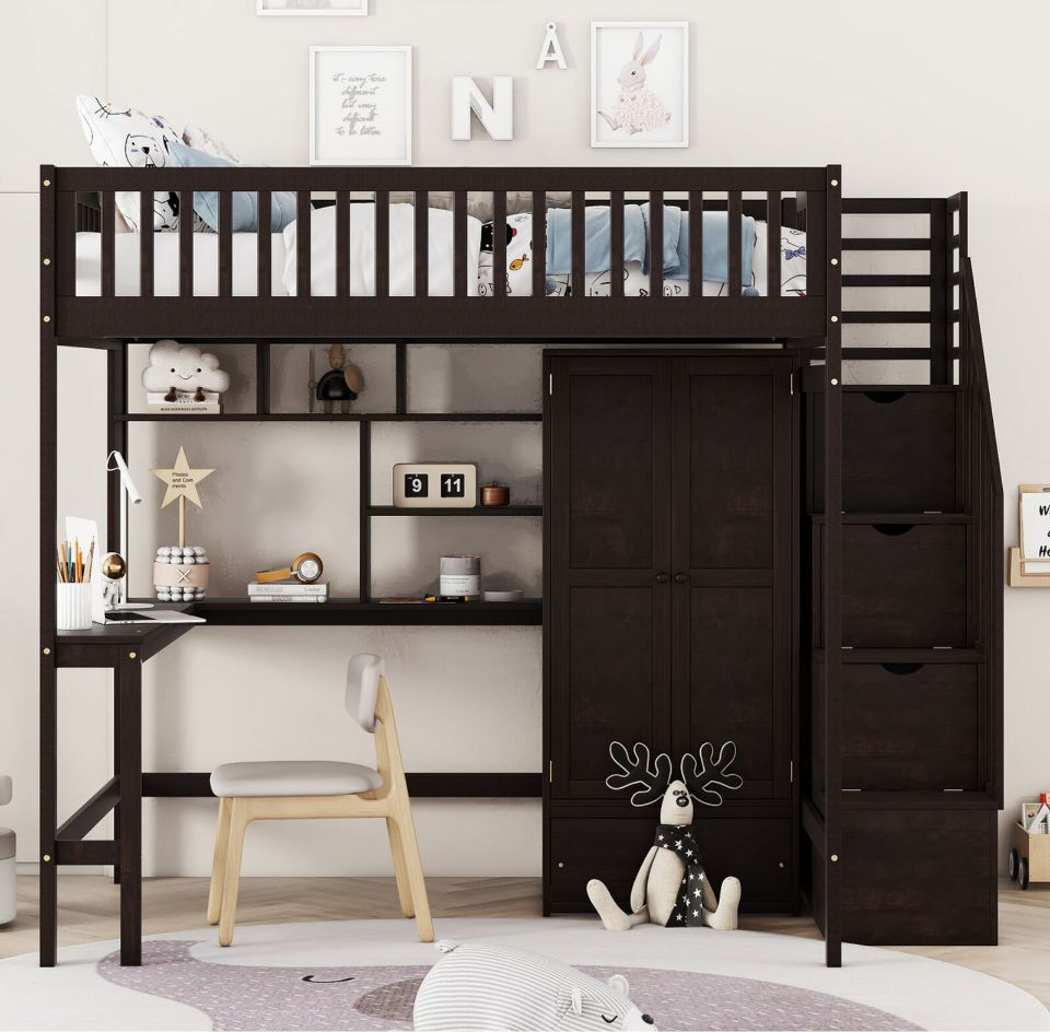  Simplie Fun Full size Loft Bed with Bookshelf, Drawers, Desk, and Wardrobe Espresso
