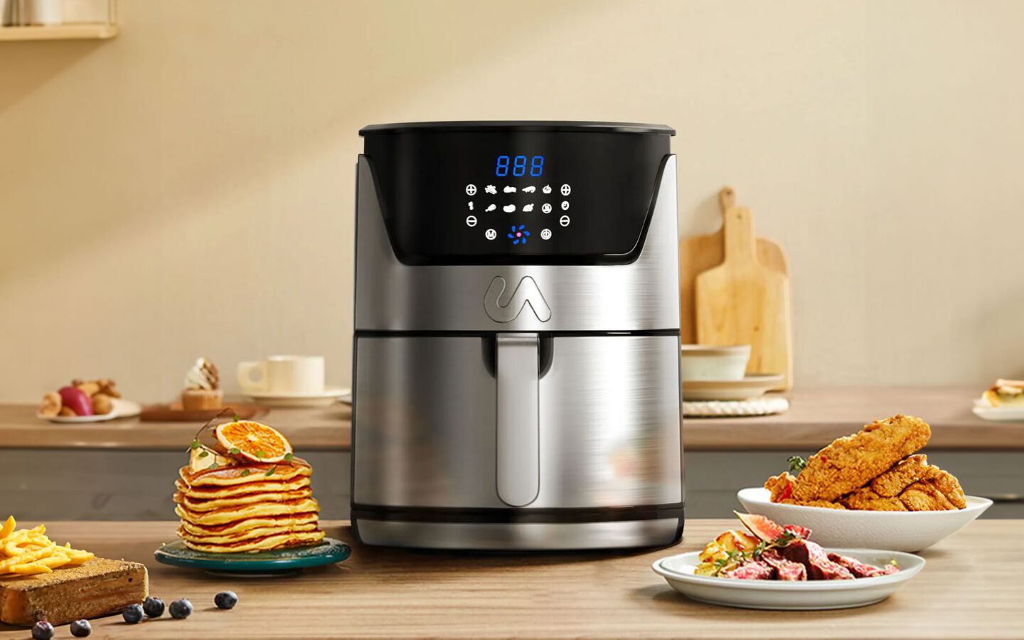 Airfryer sitting on counter surrounded by several plates of different foods