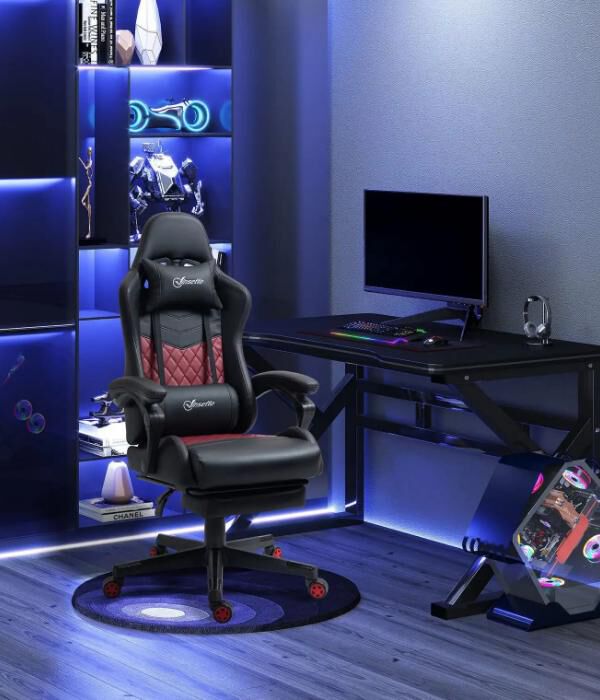 Black Gaming Throne: Racing Chair with PU Leather Footrest and Swivel Wheels