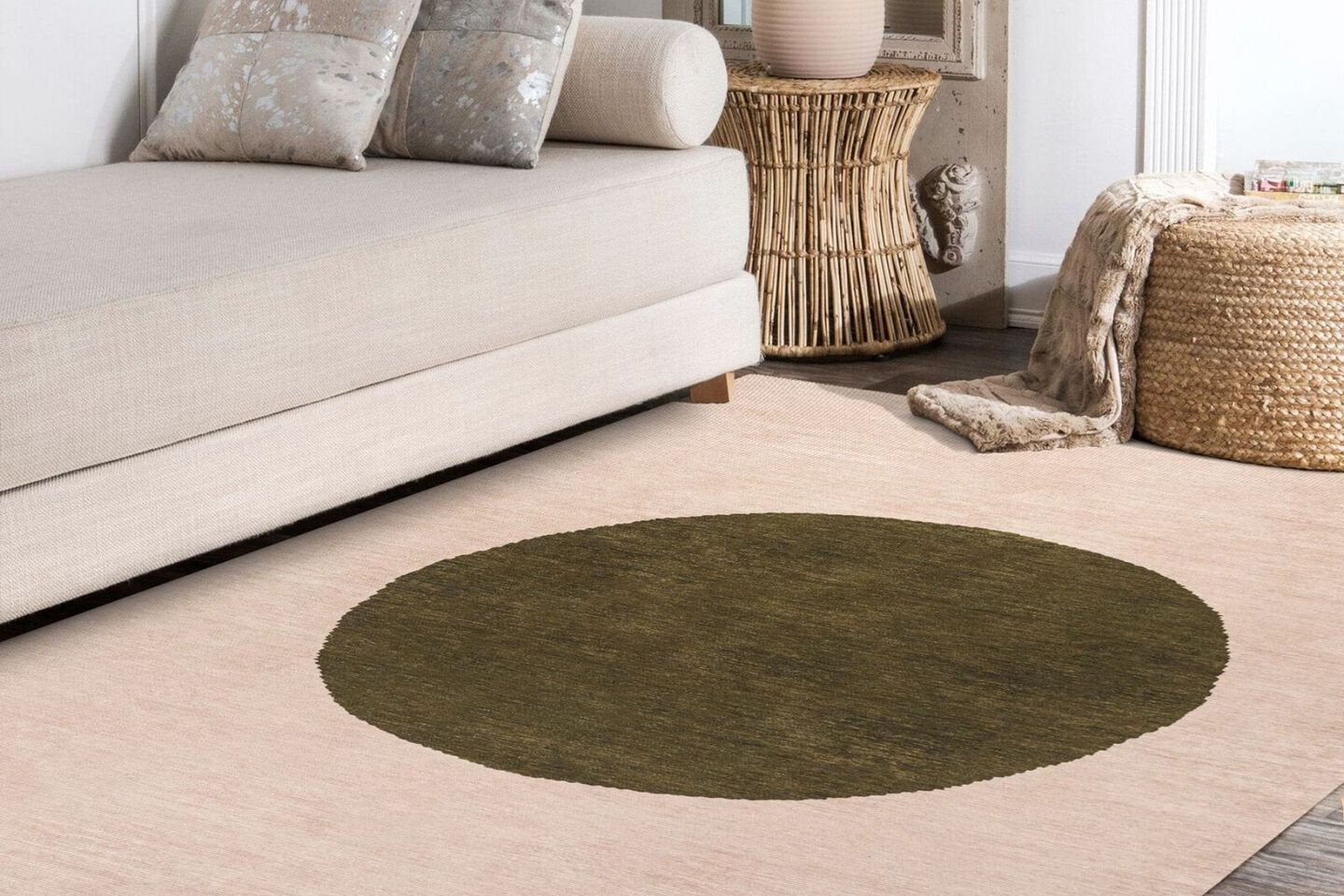 Living room with a beige and moss green colored rug