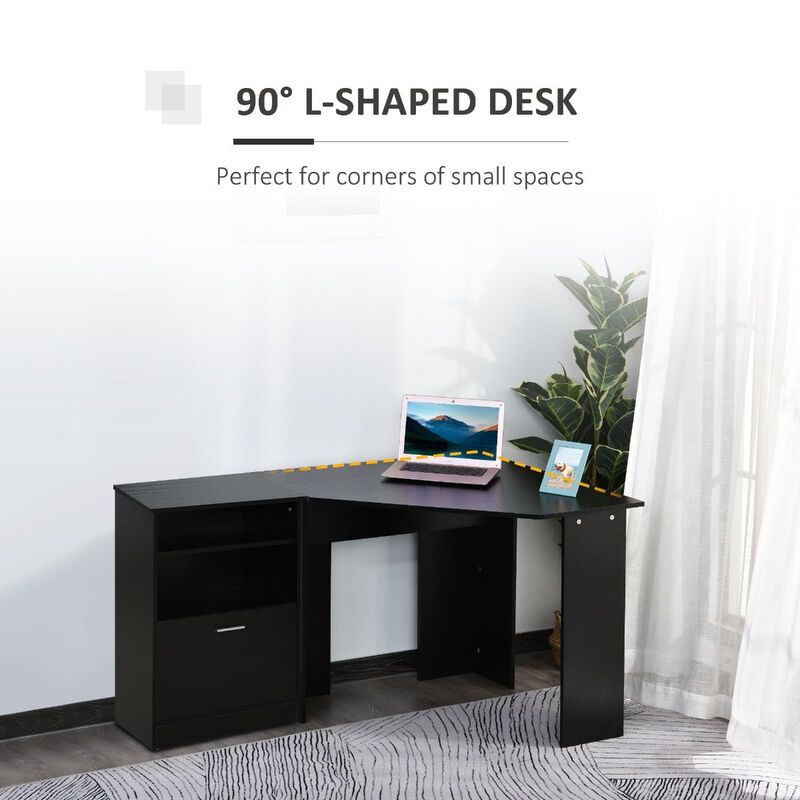 Black Computer Desk with Printer Cabinet, L-Shaped Corner Desk with Storage, Study PC Workstation for Home Office
