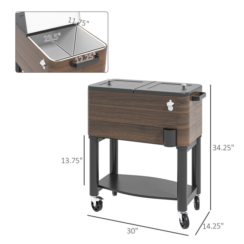 Outsunny Patio Cooler Cart, 60 Qt. Rolling Ice Chest with Shelf, Bottle Opener and Wheels, Outdoor Beverage Cooler with Separate Stand for Backyard Deck Poolside Party, Brown