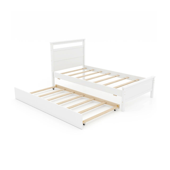 Twin Size Wooden Bed Frame with Trundle for Teens and Adults
