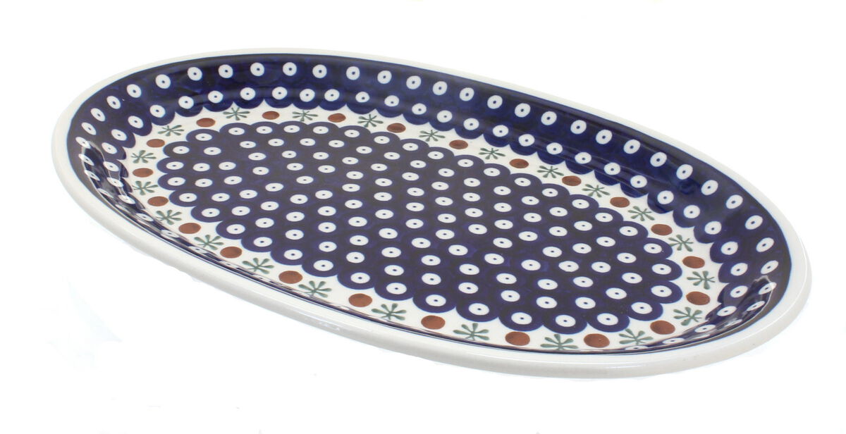 Blue Rose Polish Pottery Flowering Peacock Oval Platter