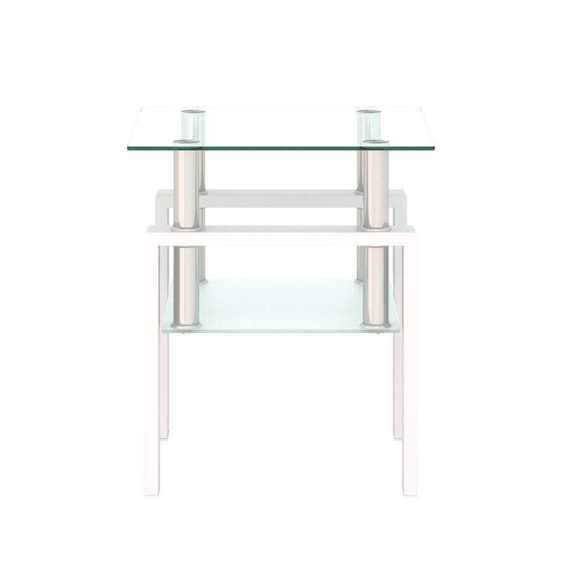 1-Piece Modern Tempered Glass Tea Table Coffee Table End Table, Square Table for Living Room, Transparent/White