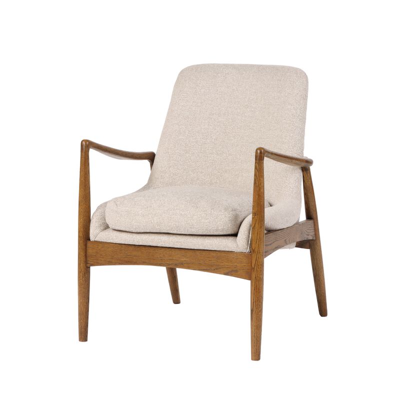 28 Inch Fabric Upholstered Accent Armchair, Birch Wood, Off White, Brown - Benzara