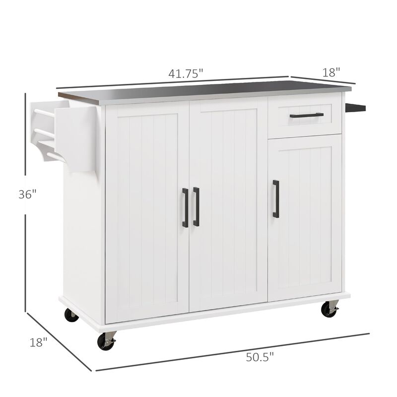 White Rolling Kitchen Island: Stainless Top, 3 Cabinets