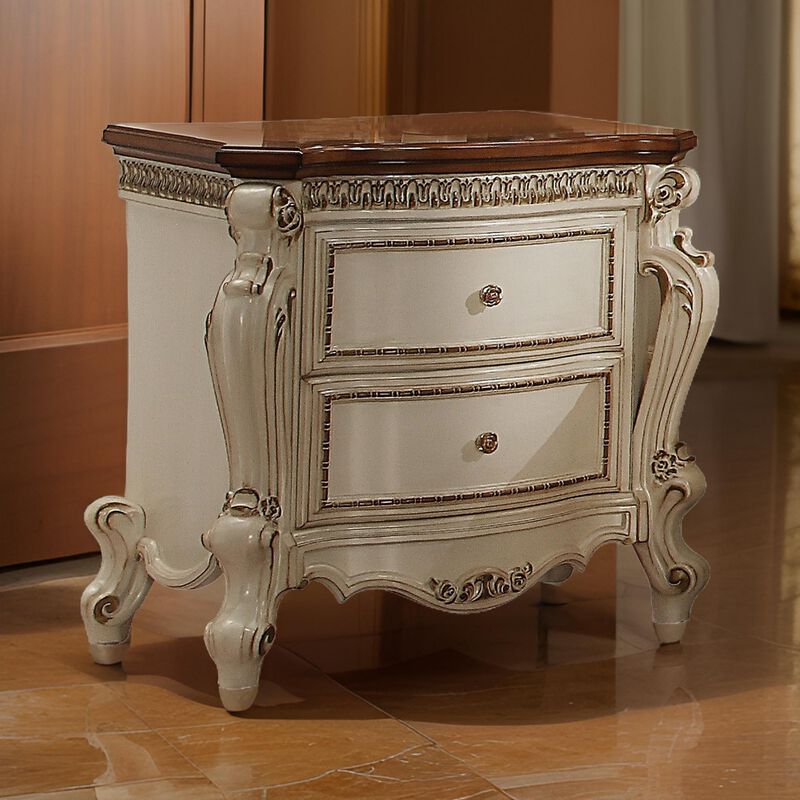 Two Drawer Nightstand With Cabriole Legs, Antique Pearl & Cherry Oak-Benzara