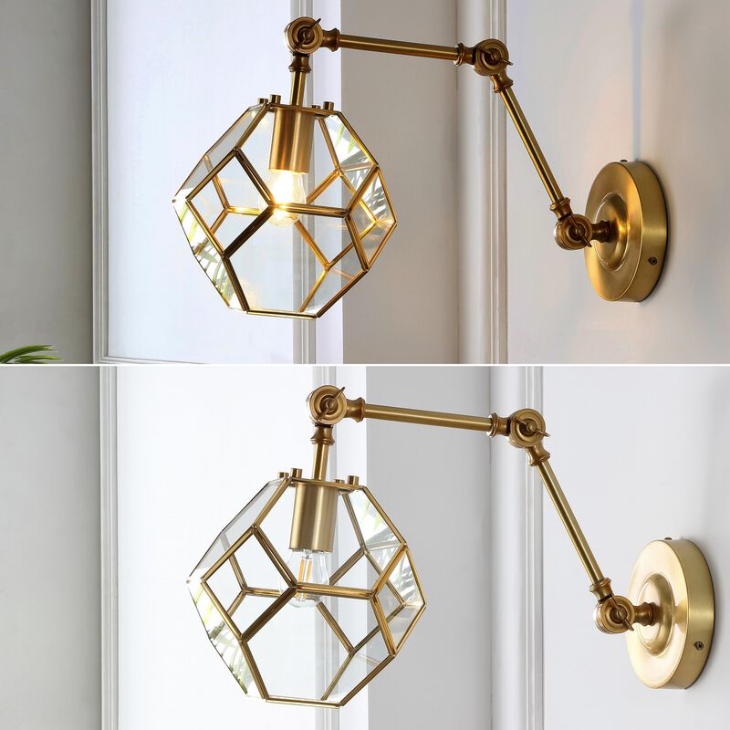 Honeycomb 7.5" 1-Light Modern Contemporary Arm-Adjustable Iron/Glass LED Sconce, Brass Gold/Clear