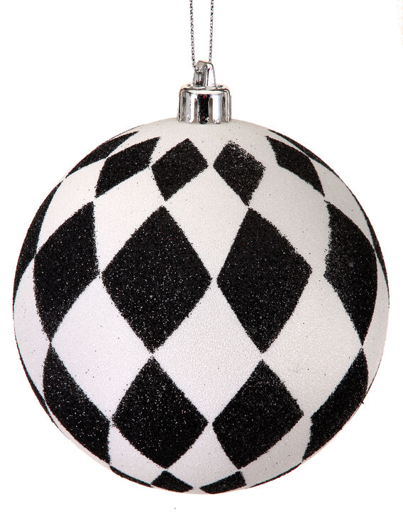 6ct Black and White Glittered Harlequin Ball Ornament  4" (100mm)