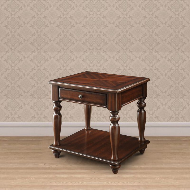 Wooden End Table with 1 Drawer and 1 Bottom Shelf, Walnut Brown-Benzara