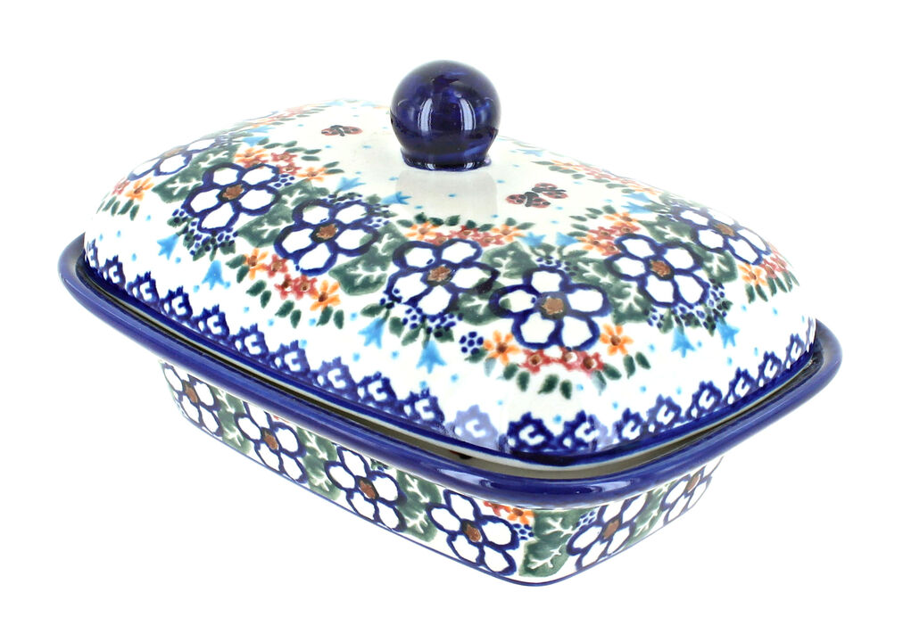 Blue Rose Polish Pottery Garden Butterfly Butter Tub