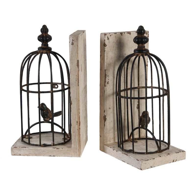 Ari Set of 2 Classic Bookends, Birdcage, Iron and Fir Wood, Black, Brown - Benzara