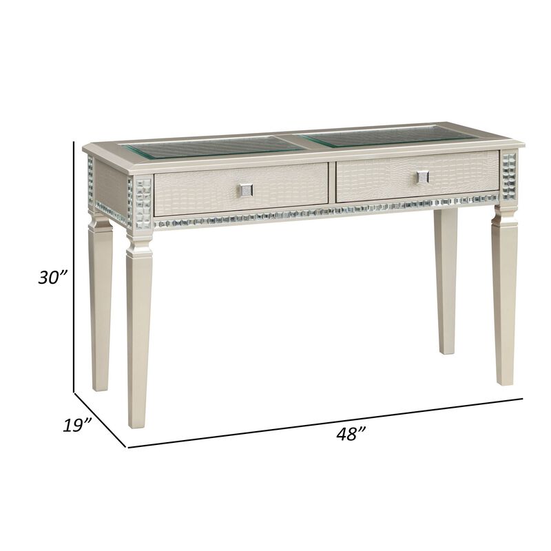 Trace 48 Inch Sofa Console Table, Glass Top, 2 Drawers, Mirror Inserts-Benzara