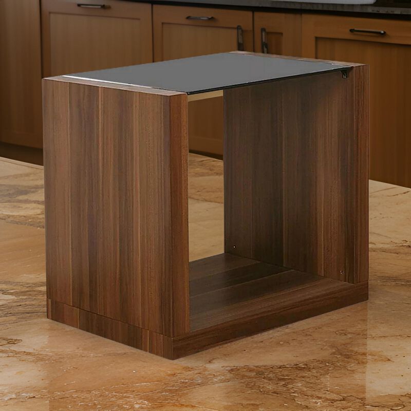 Bere 24 Inch Side End Table, Black Glass Top, Open Bottom Shelf, Brown Wood - Benzara