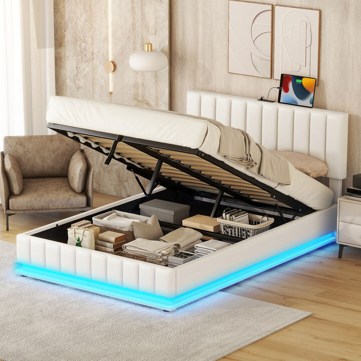 Merax Upholstered LED Light Platform Bed with Hydraulic Storage
