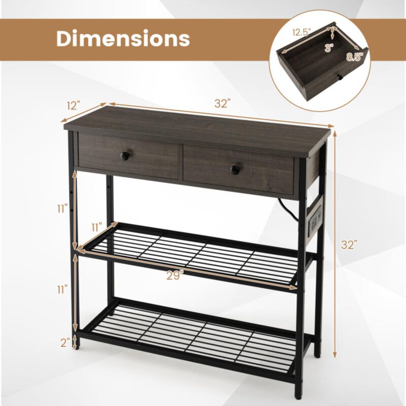 Hivvago Narrow Console Table with 2 Drawers and 2 Metal Mesh Shelves