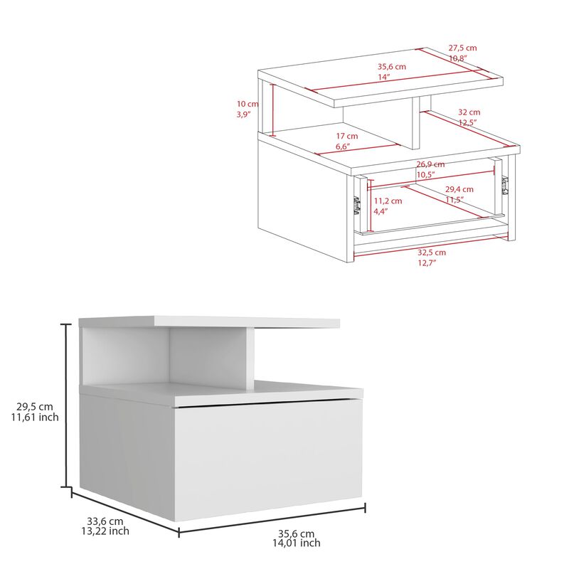 Adele Floating Nightstand with Drawer and Open Storage Shelves- White