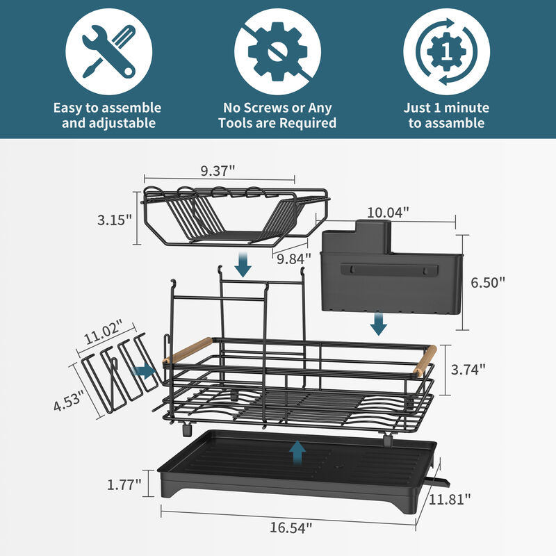 Adjustable Dish Rack With Bamboo Handle Black