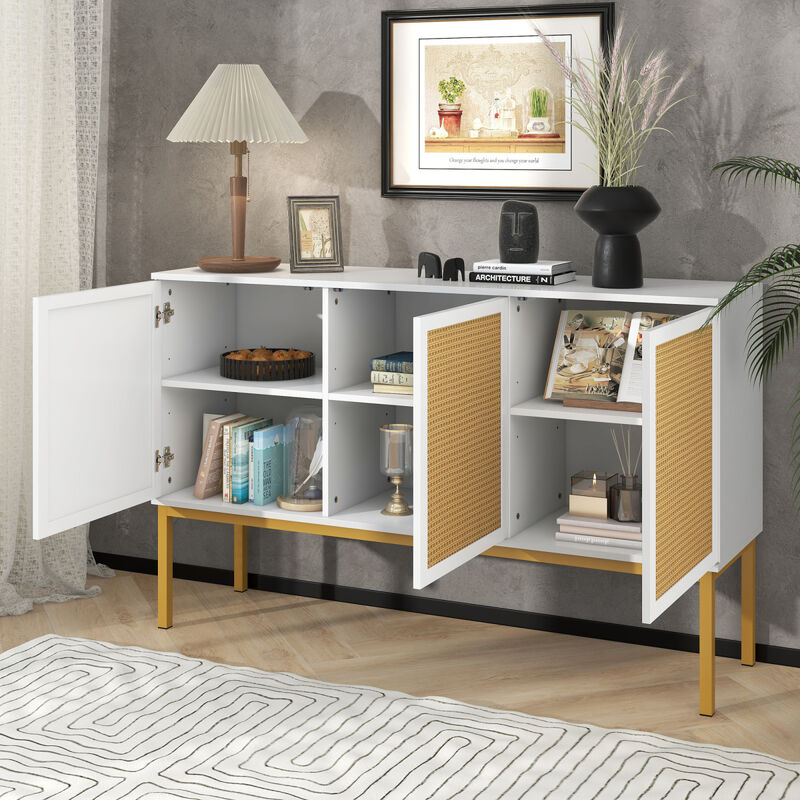 Large Storage Space Sideboard with Artificial Rattan Door and Rebound Device for Living Room and Entryway (White)