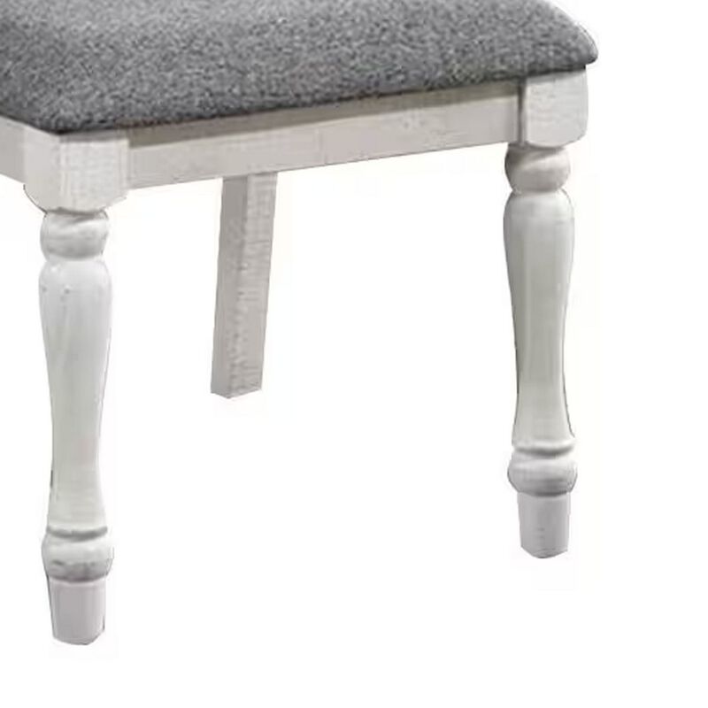 Wren 24 Inch Dining Chair Set of 2, Gray Fabric Cushion, Antique White Wood - Benzara