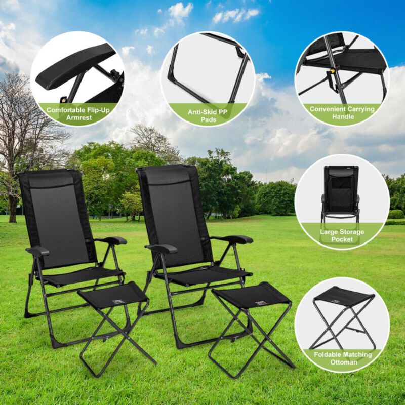 Hivvago 4 Pieces Patio Adjustable Back Folding Dining Chair Ottoman Set