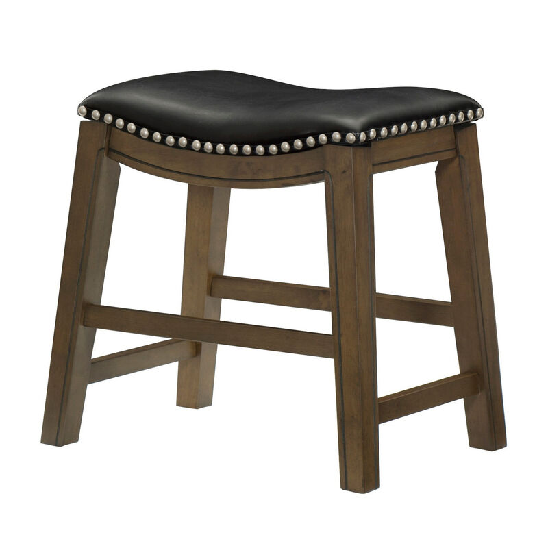 Miel 20 Inch Dining Stool, Black Faux Leather and Brown Solid Wood - Benzara