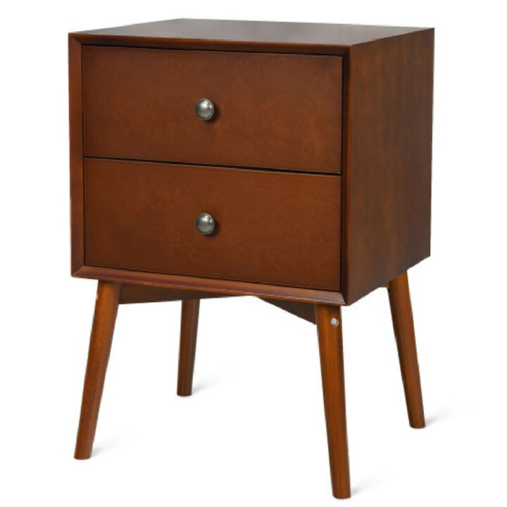 Nightstand Mid-Century End Side Table with 2 Drawers and Rubber Wood Legs-Brown