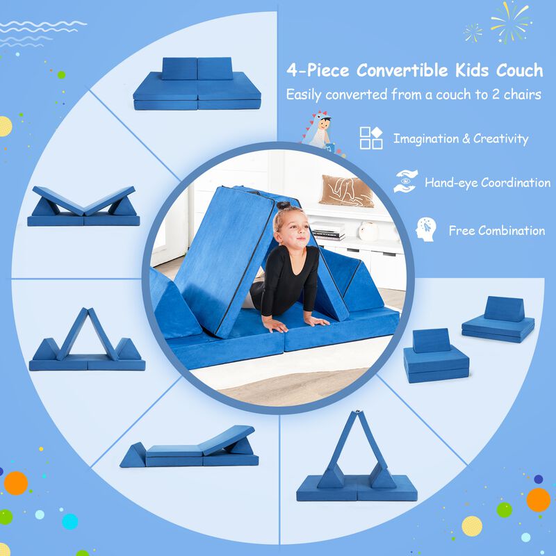 4 Pieces Convertible Kids Couch Set with 2 Folding Mats in Blue