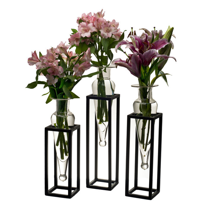 Set of 3 Amphorae Vases on Square Tubing Metal Stands