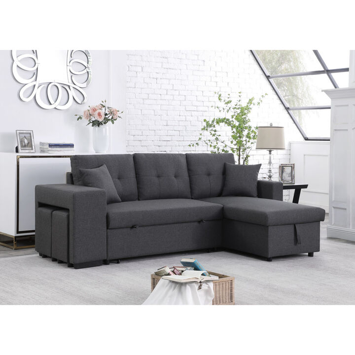 Dennis Dark Gray Linen Fabric Reversible Sleeper Sectional with Storage Chaise and 2 Stools