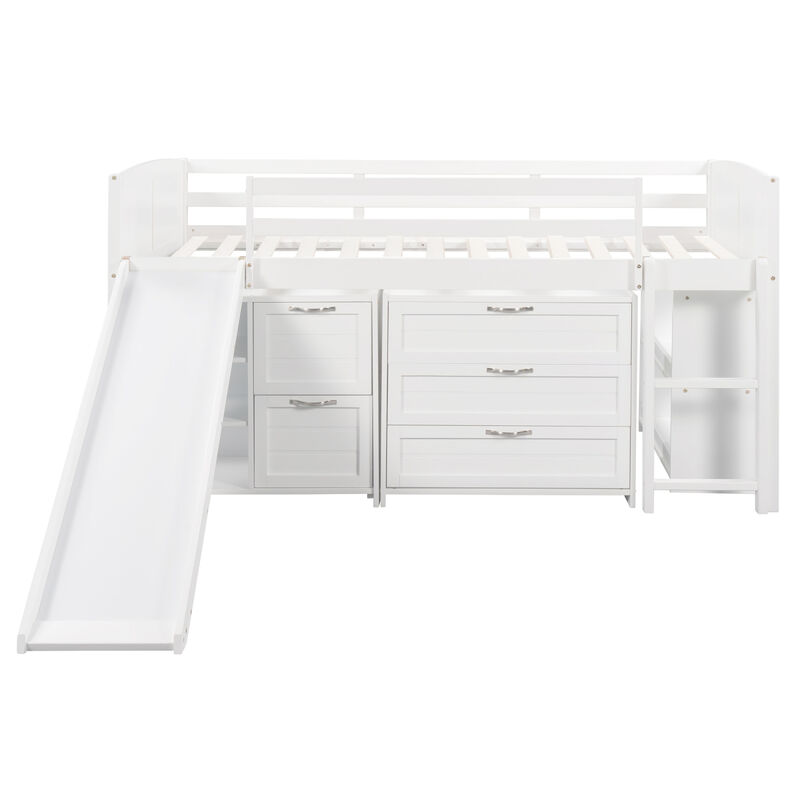 Low Twin Size Loft Bed With Cabinets, Shelves And Slide