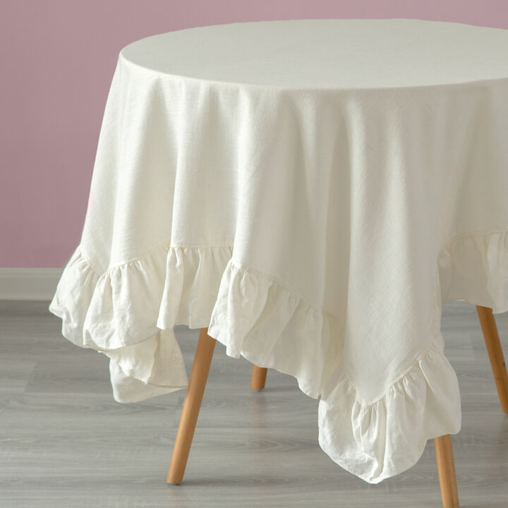 Deerlux 100% Pure Linen Washable Tablecloth with Ruffle Trim, 60" x 60" Square White