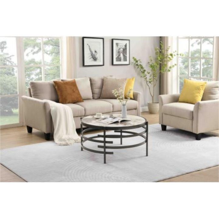 32.48'' Round Coffee Table With Sintered Stone Top&Sturdy Metal Frame, Modern Coffee Table for Living Room, Darker Gray