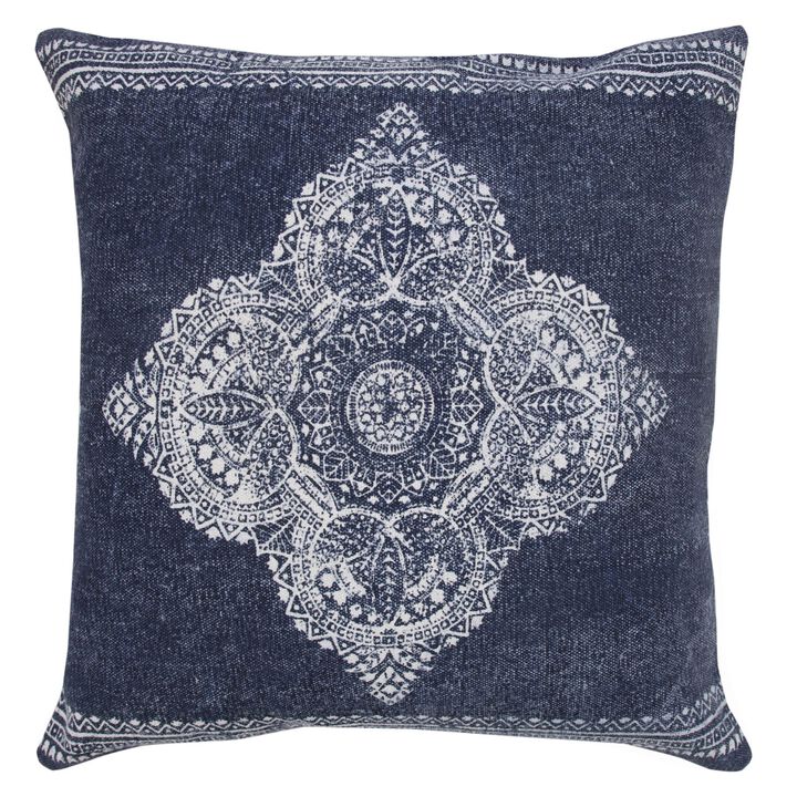 20" Blue and White Medallion Square Throw Pillow