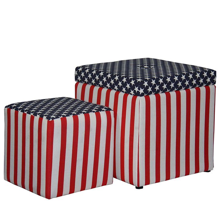 Patriotic Print Square Storage Ottoman with 1 Extra Seating, Multicolor - Benzara