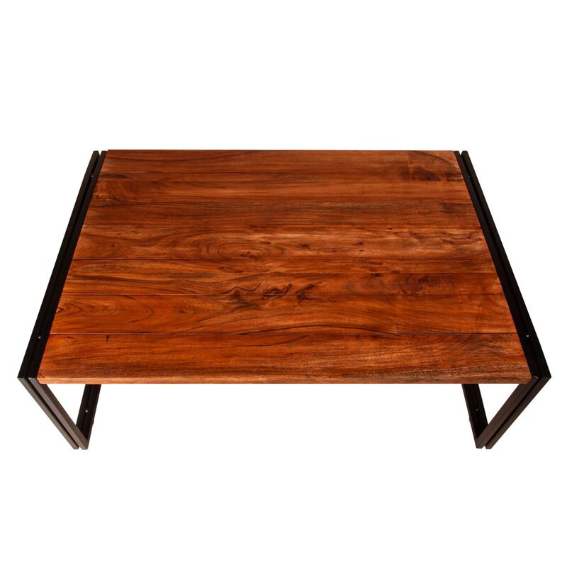 48 Inch Wooden Coffee Table with Double Metal Sled Base, Brown and Black