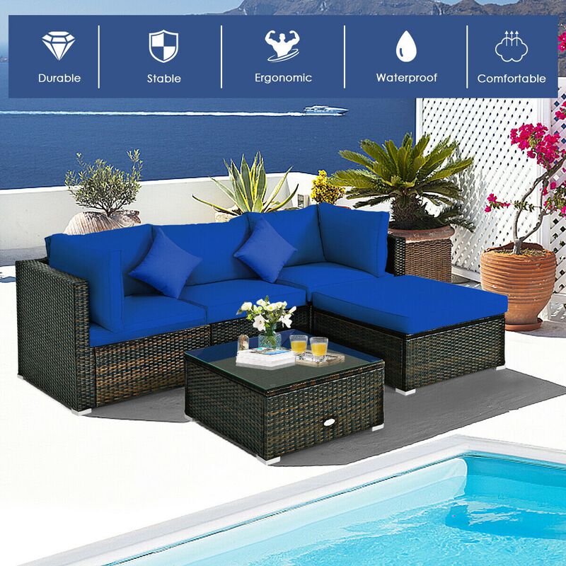 5 Pcs Outdoor Patio Rattan Furniture Set Sectional Conversation with Navy Cushions