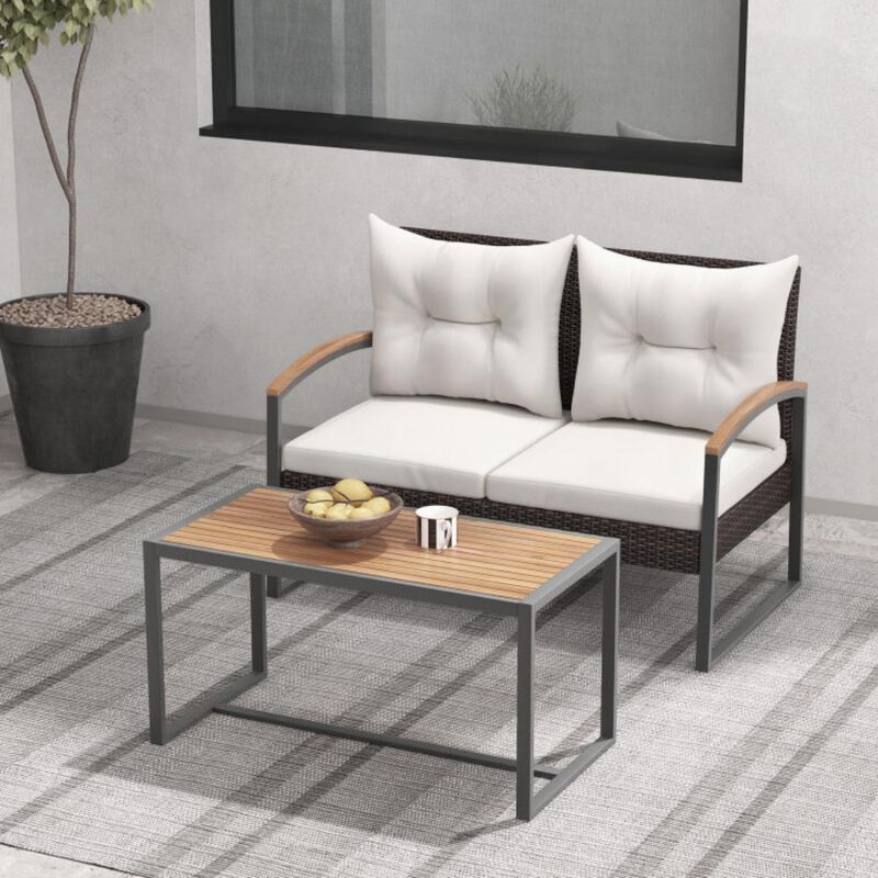 Hivvago 2 Pieces Patio PE Wicker Furniture Set with Acacia Wood Coffee Table