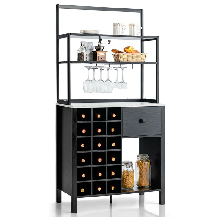 Kitchen Bakers Rack Freestanding Wine Rack Table with Glass Holder and Drawer