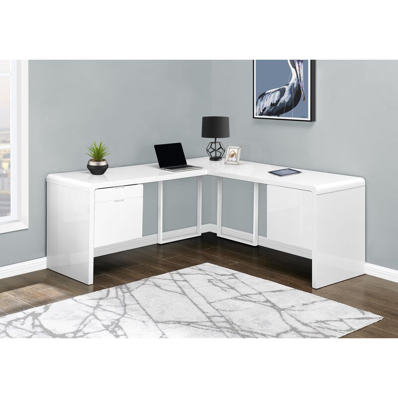 Computer Desk, Home Office, Corner, Left, Right Set-Up, Storage Drawers, 72"L, L Shape, Work, Laptop, Laminate, Metal, Glossy White, Contemporary, Modern