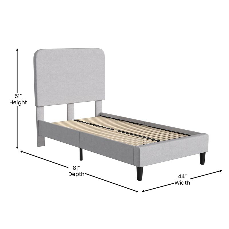 Flash Furniture Addison Platform Bed - Light Grey Fabric Upholstery - Twin - Headboard with Rounded Edges - Wood Slat Support - No Box Spring or Foundation Needed