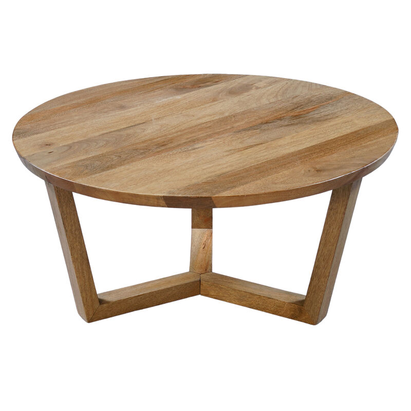 Vega 30 inch Round Mango Wood Coffee Table - Handcrafted Natural Brown, Sturdy 3-Leg Sled Base